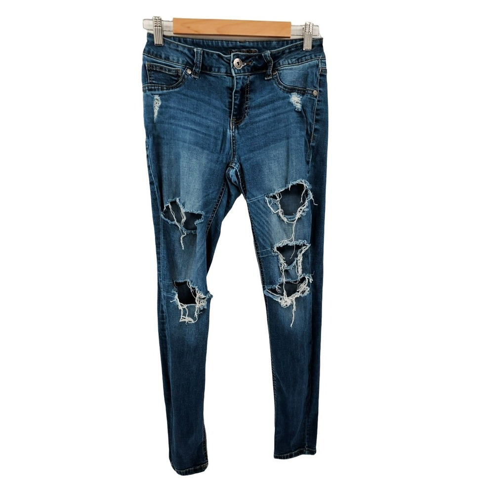 Maurices Womens S-R (27) Distressed Skinny Jeans Blue Stretch Ripped Casual Punk